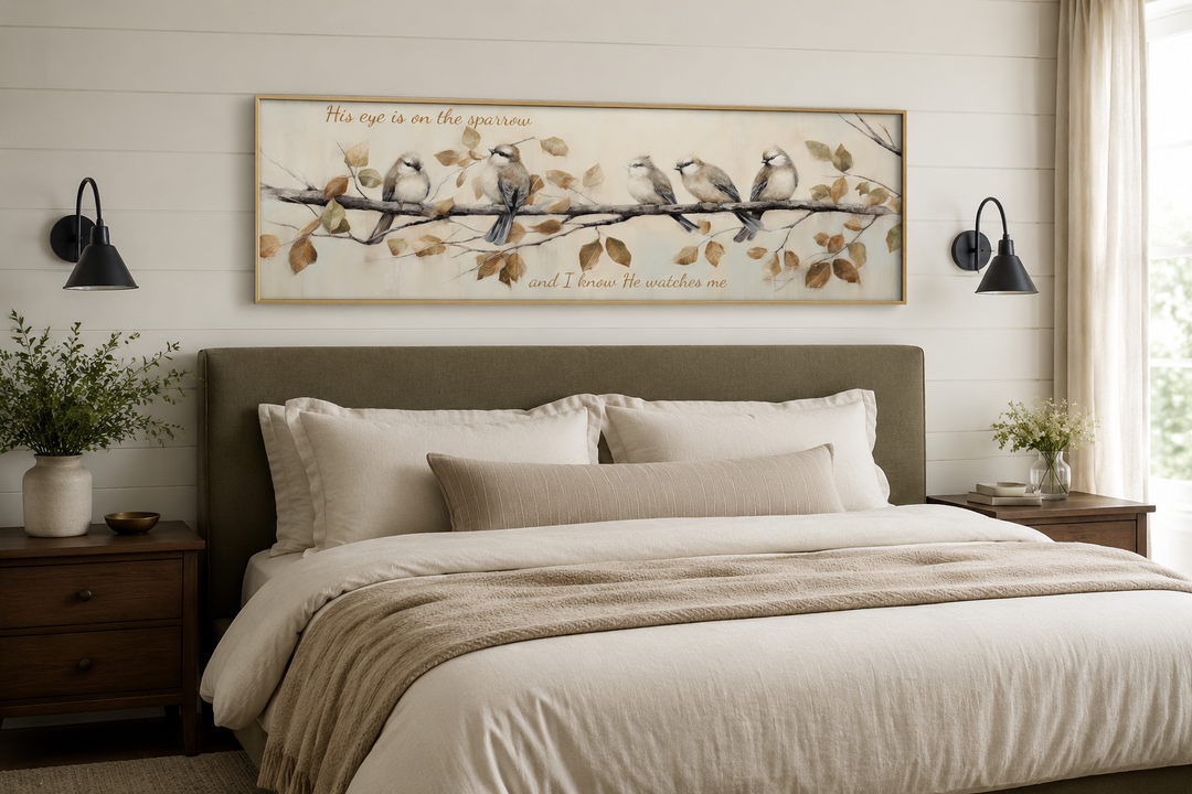 His Eye Is On The Sparrow birds scripture framed canvas wall art hanging above a bed.