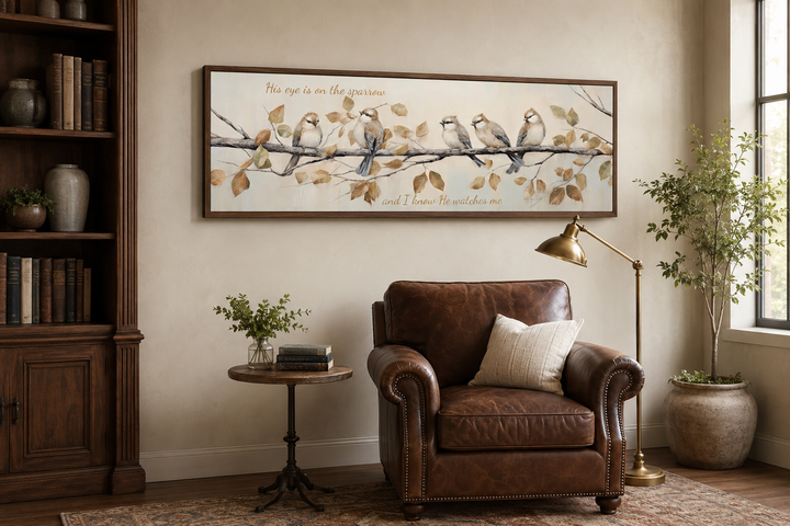 His Eye Is On The Sparrow birds scripture framed canvas wall art above a brown leather armchair.