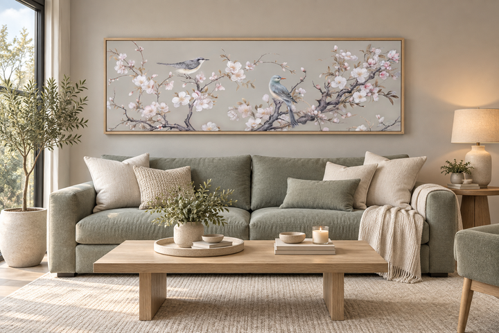 Horizontal framed canvas wall art featuring birds on a blossoming branch above a green sofa.