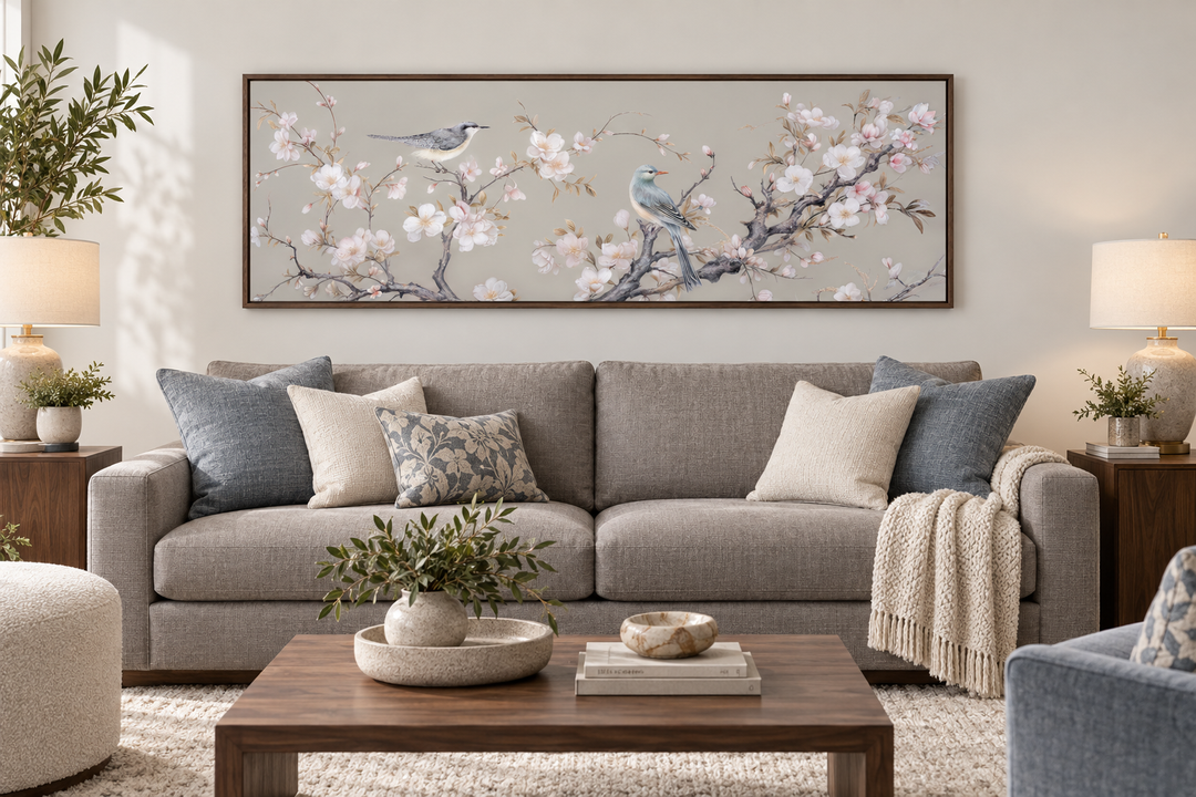 Horizontal framed canvas wall art featuring two birds on blossoming branches above a grey sofa.