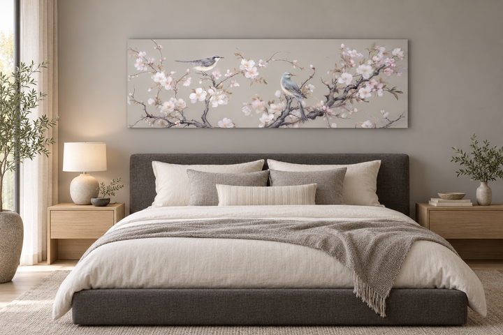 Horizontal framed canvas wall art featuring birds on a blossoming branch above a bed.