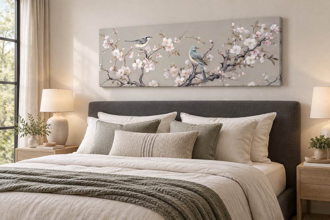 Birds on Blossoming Branch horizontal framed canvas wall art hanging above a bed in a bedroom.