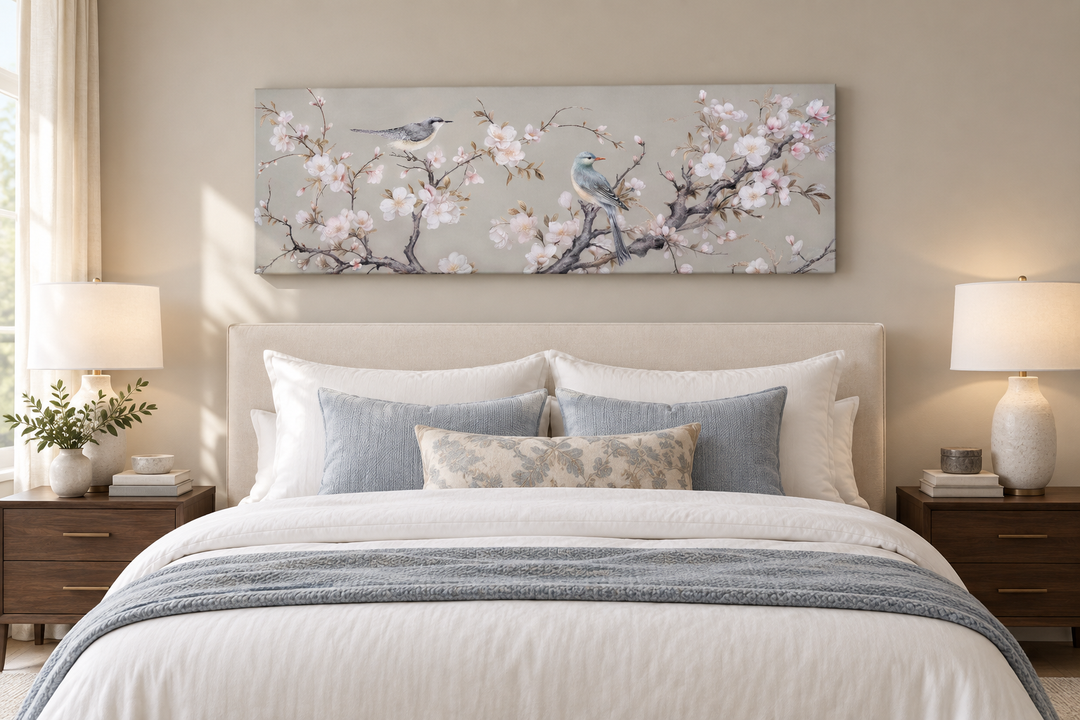 Horizontal framed canvas wall art featuring birds on a blossoming branch above a bed.