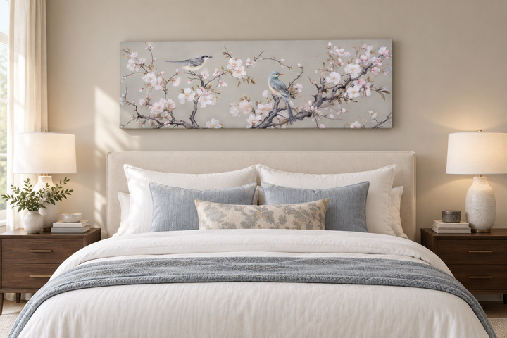 Horizontal framed canvas wall art featuring birds on a blossoming branch above a bed.