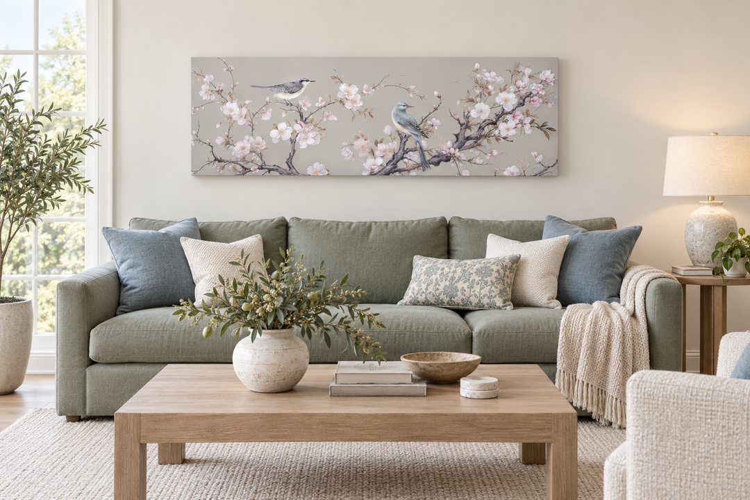 Birds on Blossoming Branch horizontal framed canvas wall art hanging above a green sofa.