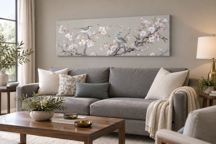 Horizontal framed canvas wall art featuring birds on a blossoming branch above a grey sofa.