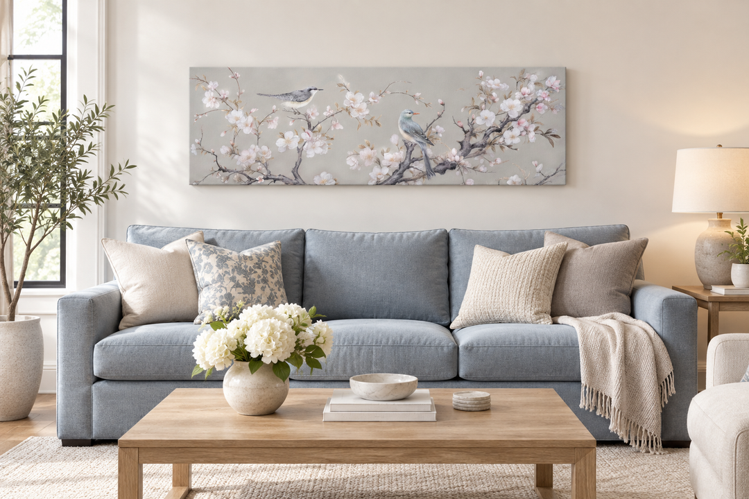 Horizontal canvas wall art featuring two birds on blossoming branches above a blue sofa.