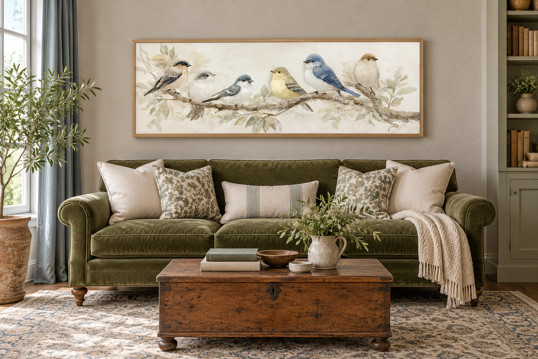 Oiseaux sur une branche - Tableau panoramique horizontal sur toile, tons neutres, nature