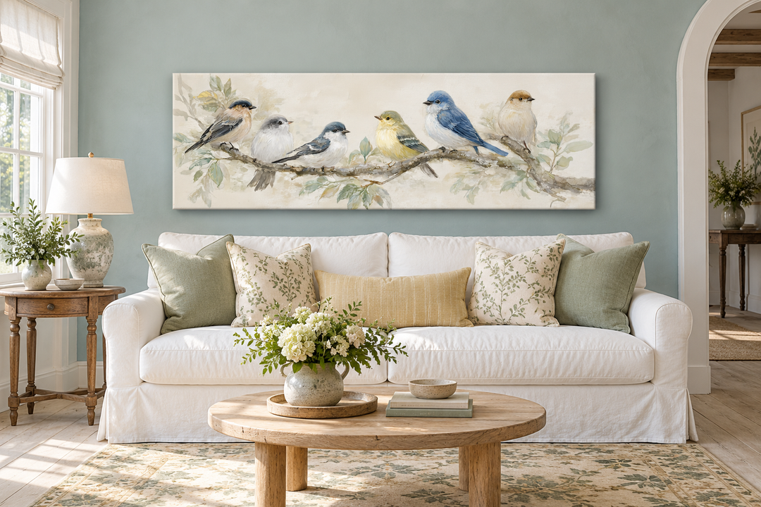 Oiseaux sur une branche - Tableau panoramique horizontal sur toile, tons neutres, nature