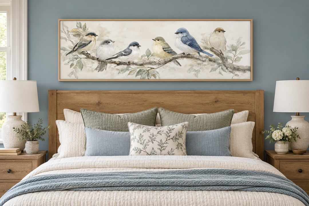 Oiseaux sur une branche - Tableau panoramique horizontal sur toile, tons neutres, nature