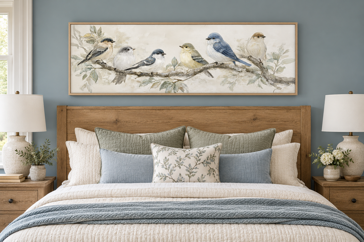 Oiseaux sur une branche - Tableau panoramique horizontal sur toile, tons neutres, nature