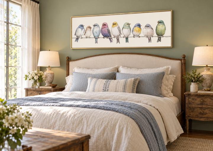 Colorful songbirds on a wire framed canvas art above a bed in a modern farmhouse bedroom.