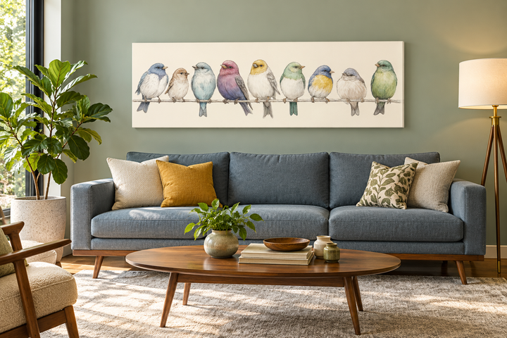Colorful songbirds on a wire framed canvas art above a blue sofa in a modern farmhouse living room.