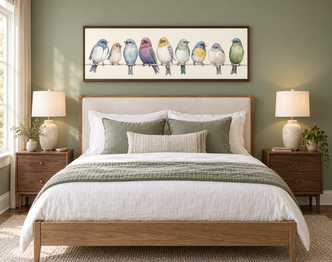 Colorful songbirds on a wire framed canvas art above a bed in a modern farmhouse bedroom.