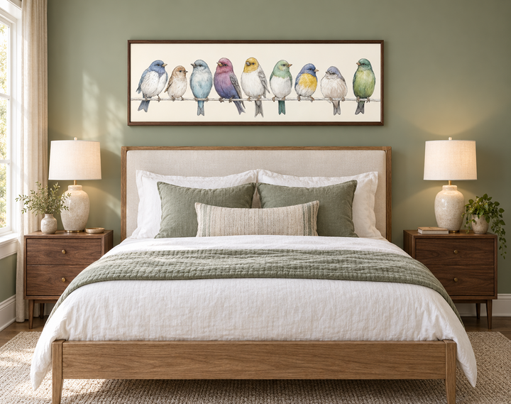 Colorful songbirds on a wire framed canvas art above a bed in a modern farmhouse bedroom.