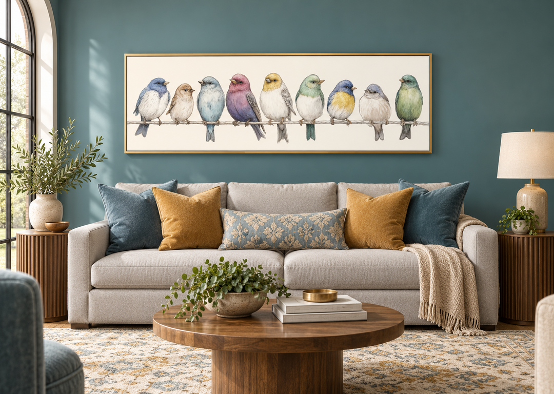 Colorful songbirds on a wire framed canvas art above a sofa in a modern farmhouse living room.