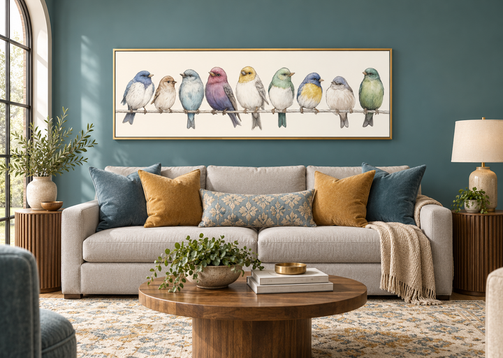 Colorful songbirds on a wire framed canvas art above a sofa in a modern farmhouse living room.