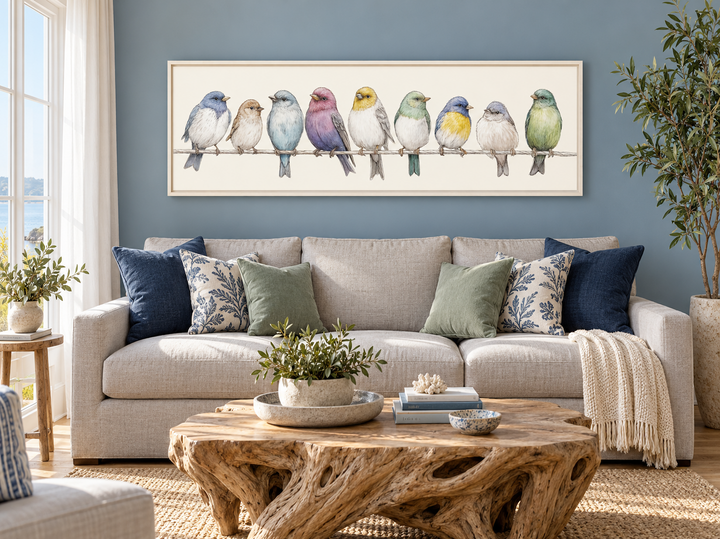 Birds On A Wire framed canvas art above a sofa in a modern farmhouse living room.