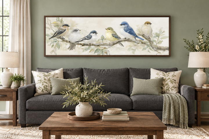 Oiseaux sur une branche - Tableau panoramique horizontal sur toile, tons neutres, nature
