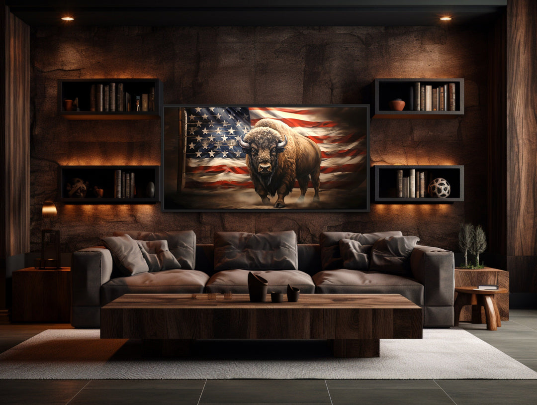 Bison And American Flag Southwestern Framed Canvas Wall Art