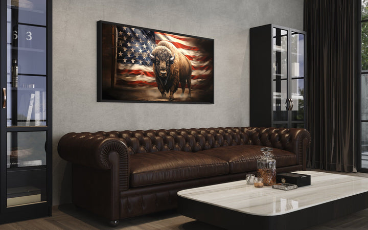 Bison And American Flag Southwestern Framed Canvas Wall Art