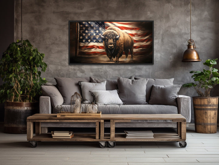 Bison And American Flag Southwestern Framed Canvas Wall Art