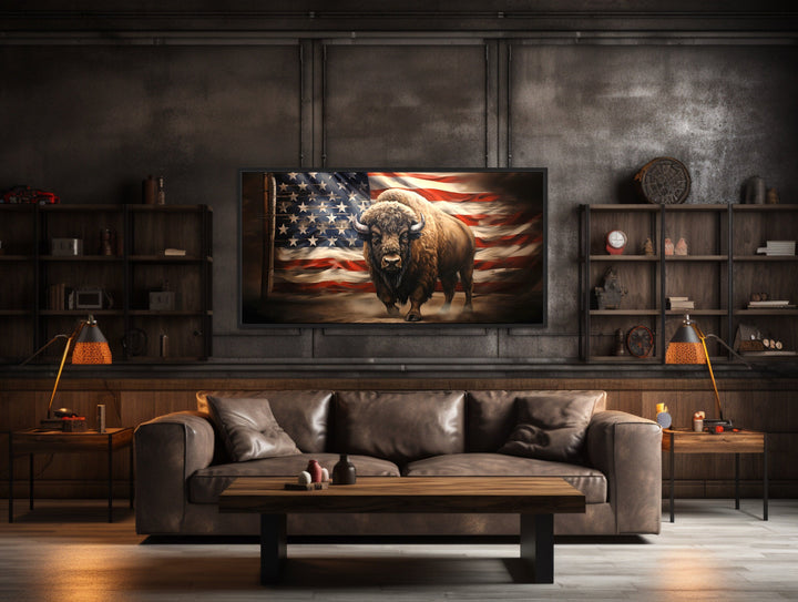 Bison And American Flag Southwestern Framed Canvas Wall Art