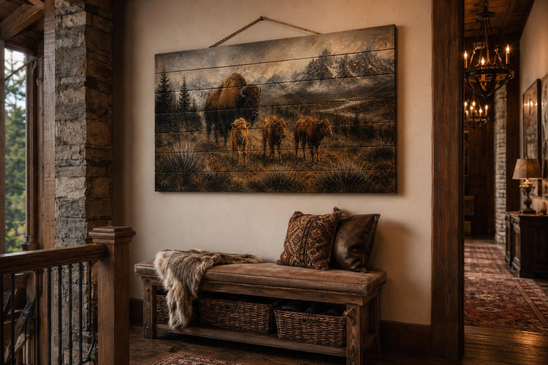 Bison family with calves wood wall art hanging above a rustic bench in a cabin entryway.