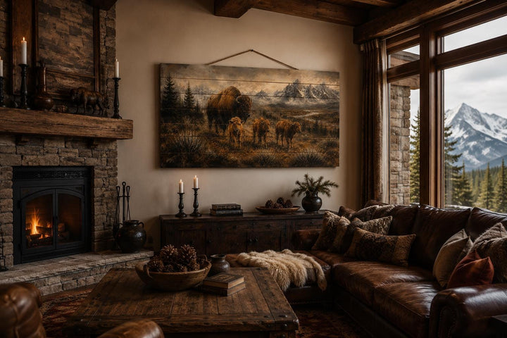 Bison family with calves wood wall art hanging above a console in a rustic cabin living room.