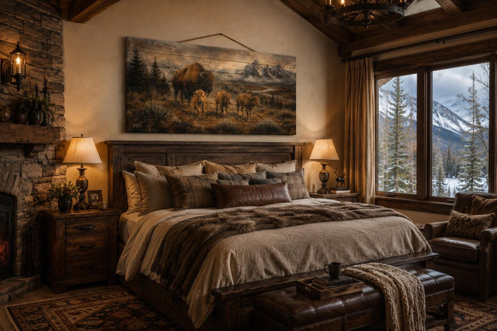 Bison Family with Calves wood wall art hanging above a bed in a rustic cabin bedroom.