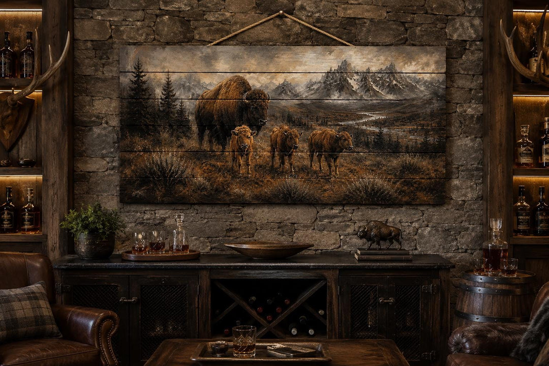 Bison family wood wall art hanging in a rustic cabin lounge with stone walls and leather furniture.