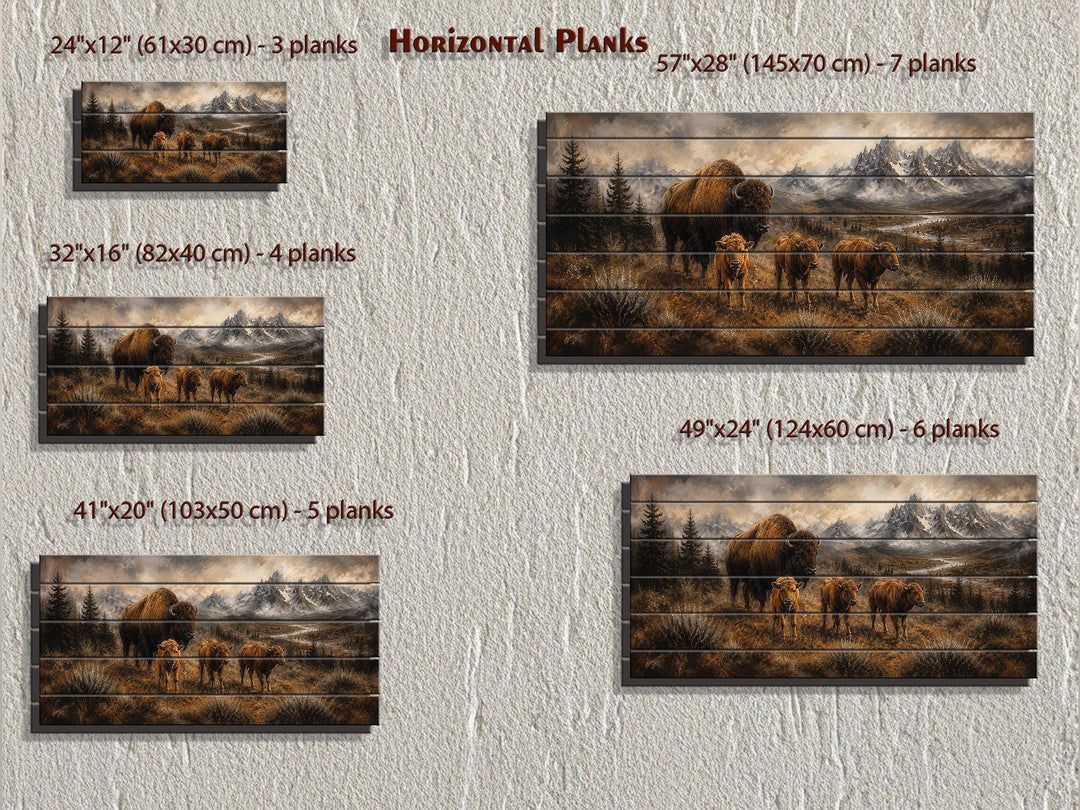 Bison family wood wall art in five sizes from 24x12 to 57x28 inches with 3 to 7 horizontal planks.