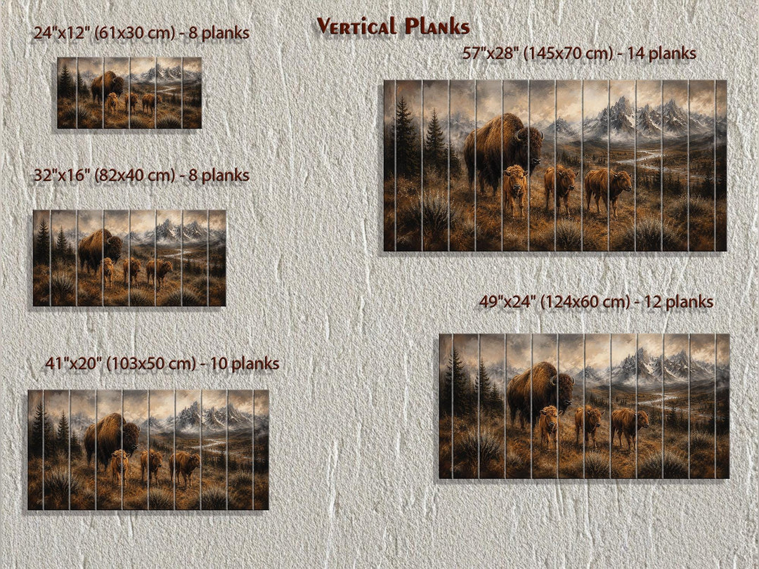 Bison family wood wall art in five sizes from 24"x12" to 57"x28" with vertical wood planks.
