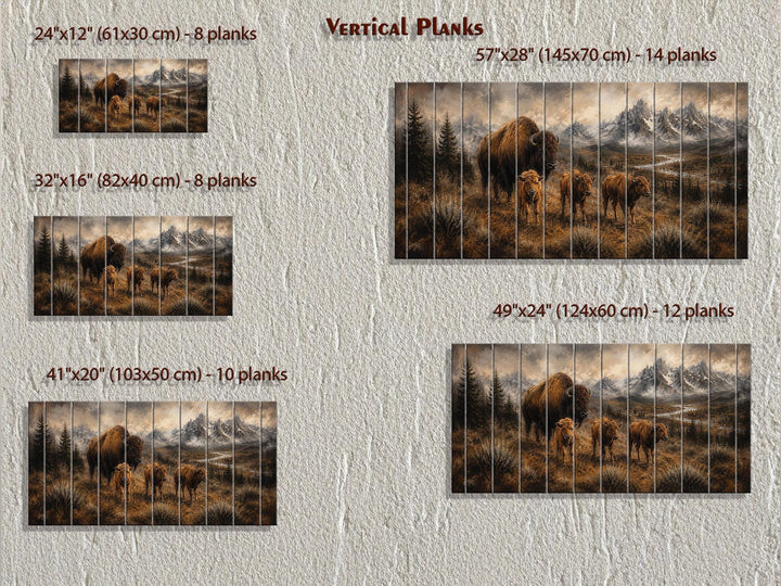 Bison family wood wall art in five sizes from 24"x12" to 57"x28" with vertical wood planks.
