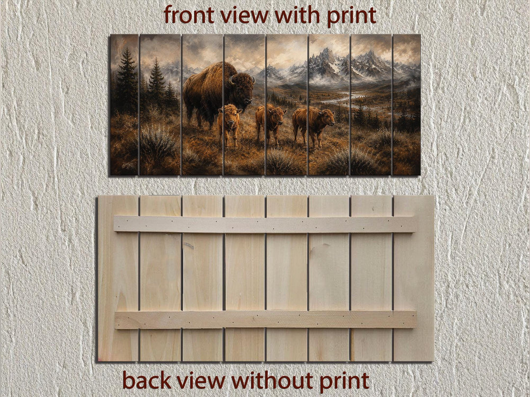 Front and back views of a bison family wood wall art print for rustic cabin decor.