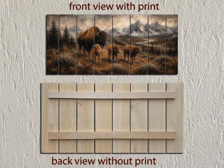 Front and back views of a bison family wood wall art print for rustic cabin decor.