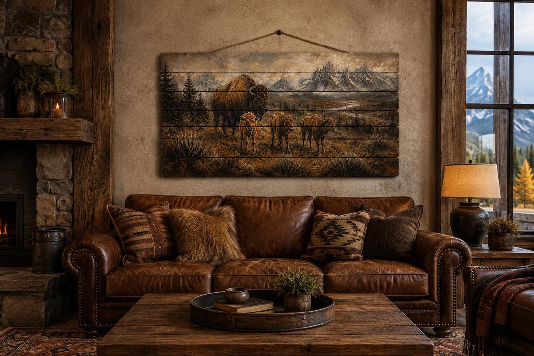 Bison family wood wall art hanging above a leather sofa in a rustic cabin living room.