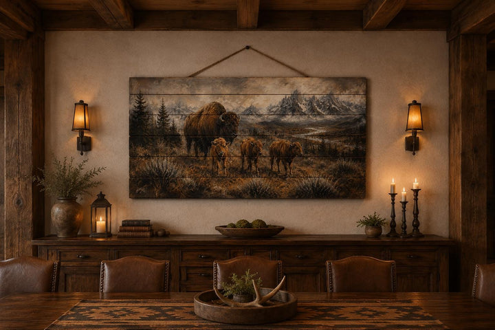 Bison family with calves wood wall art hanging in a rustic cabin dining room above a sideboard.