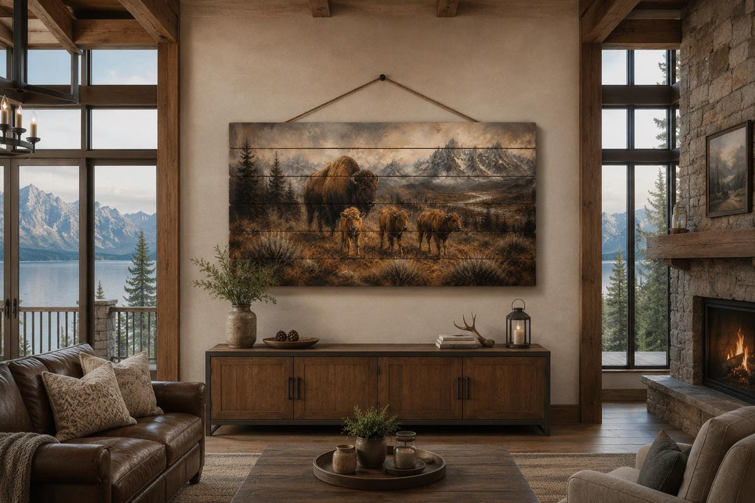 Bison family with calves wood wall art hanging in a rustic cabin living room above a wooden console.