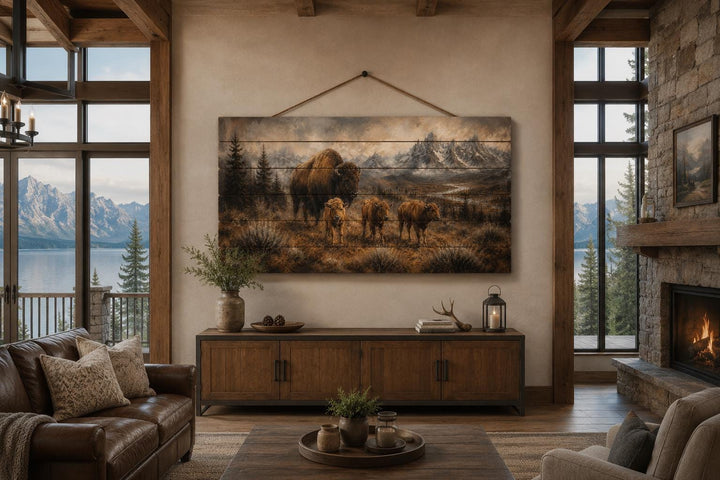 Bison family with calves wood wall art hanging in a rustic cabin living room above a wooden console.