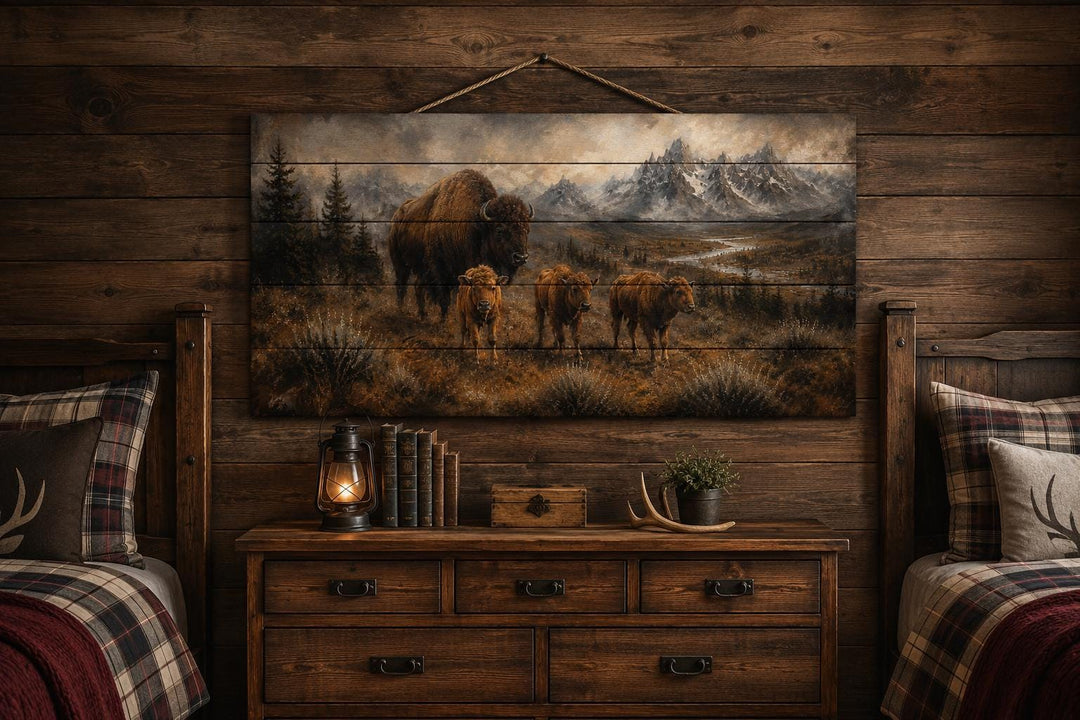 Bison family wood wall art hanging above a rustic dresser in a cabin bedroom.