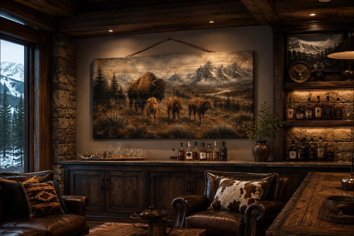 Bison family wood wall art featuring a mother and calves in a rustic cabin living room.