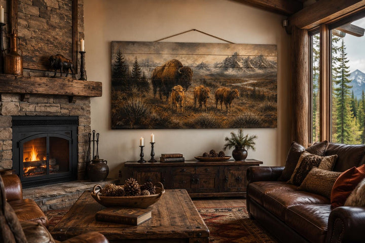 Bison Family with Calves wood wall art hanging above a console table in a rustic cabin living room.