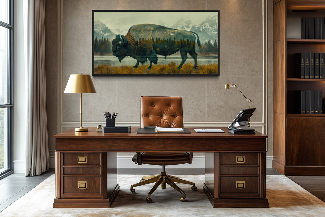 Bison in Yellowstone double exposure canvas wall art above a wooden desk in a home office.