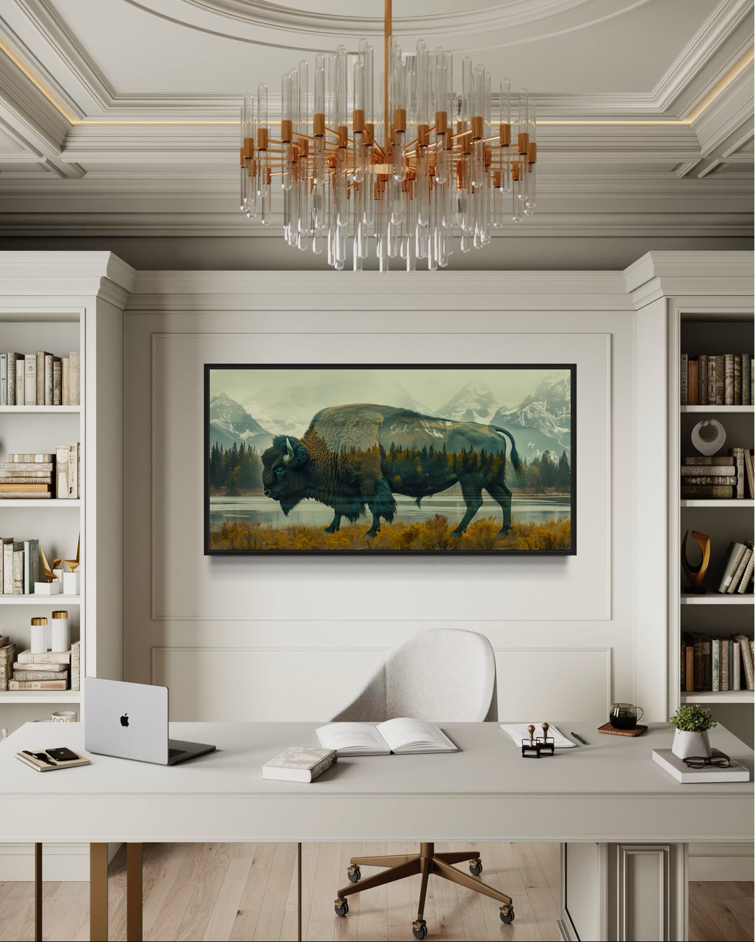 Bison and Yellowstone double exposure canvas wall art in a modern home office setting.