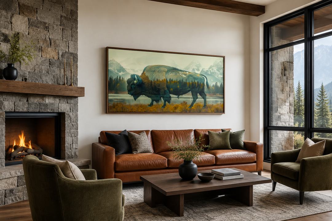Bison and Yellowstone double exposure canvas wall art in a rustic living room above a leather sofa.