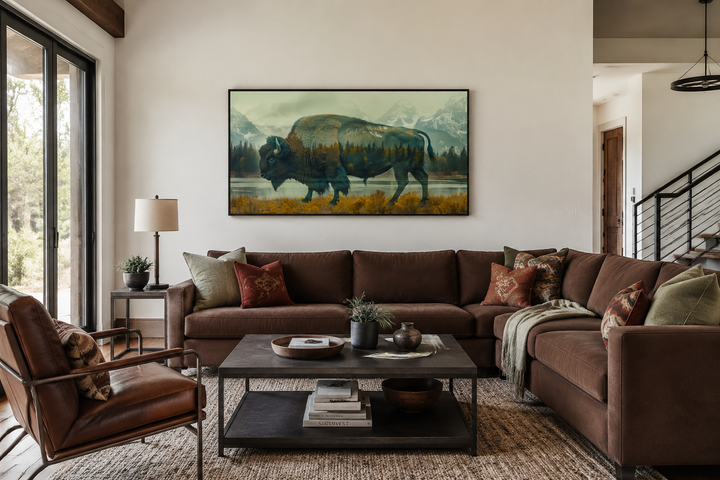 Bison in Yellowstone double exposure canvas wall art in a rustic living room setting.