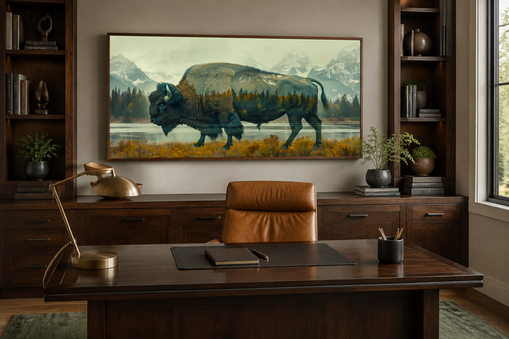 Bison in Yellowstone double exposure canvas wall art in a rustic office setting.