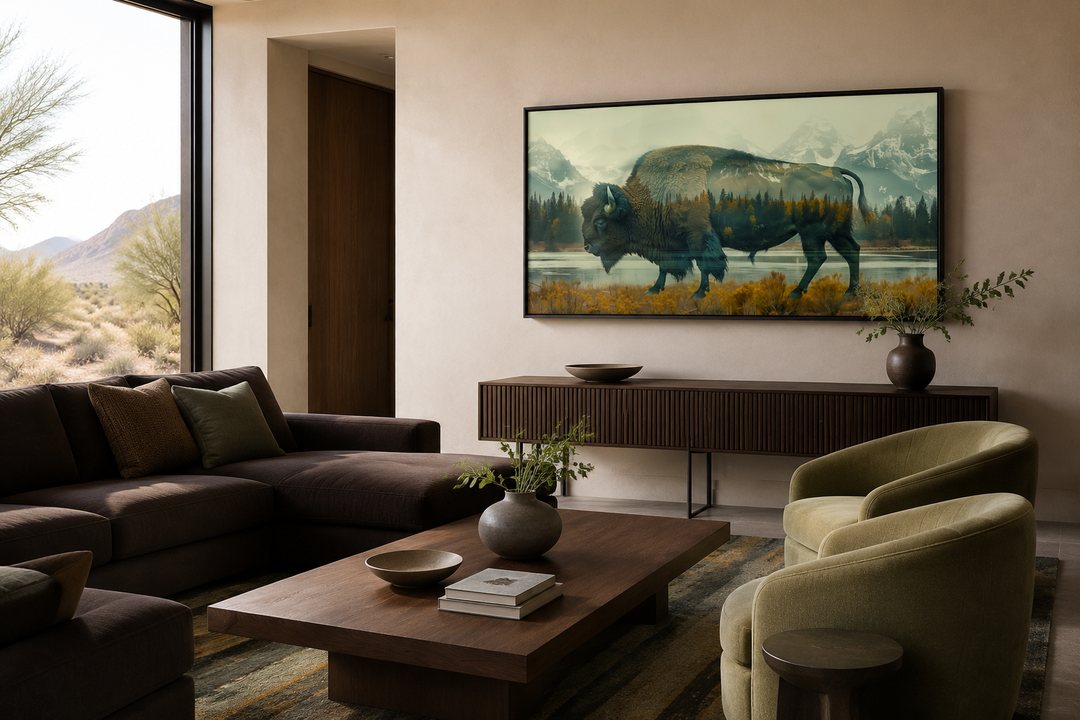 Bison in Yellowstone double exposure canvas wall art in a rustic living room setting.