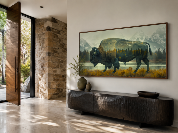 Bison in Yellowstone double exposure canvas wall art in a rustic frame above a dark wood sideboard.